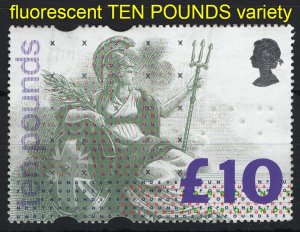 GB 1993 £10 Britannia, the fluorescent TEN POUNDS variety fine used, shows onl