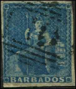 Barbados SC#6 Britannia, (1d), blue,Imperf  Used