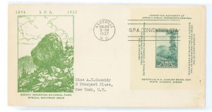 US 797 1937 10c Great Smoky Mountains National Park Farley souvenir sheet on an addressed first day cover with a green cachet by