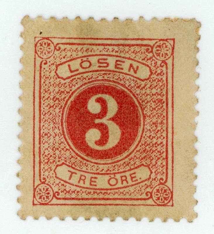 Sweden 1874 Postage Due 3 Ore Rose Perf 14 Scott # 2 Mint N766