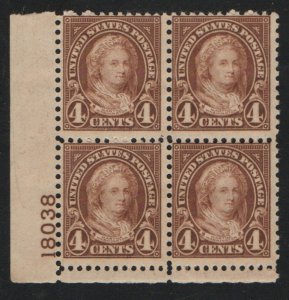 USA #636 F-VF OG NH, Plate Block of 4, rich color! Retail $92.5