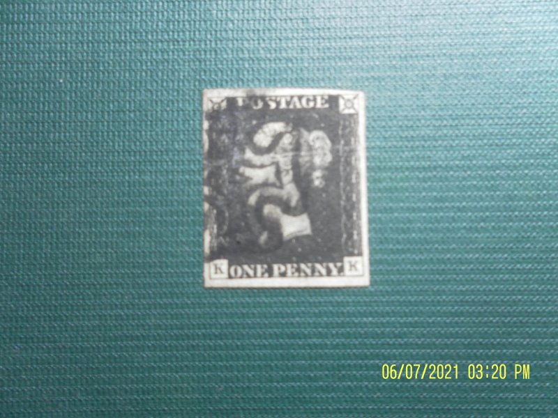 Penny Black, 1840, SG2, 4 Wide Margins, K and K Slight crease, (See photos).