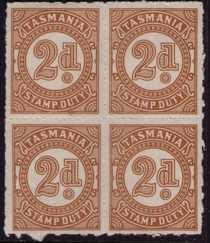 Tasmania 2 d  stamp Duty Mint NH  block of 4