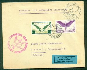 SWITZERLAND 1936 Hindenburg Olympic Flight cover w/better airmails tied, scarcer