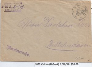 WW1: Germany Marine Schiffspost: SMS Vulcan (U-Boat) 2/10/1916 (M6510)