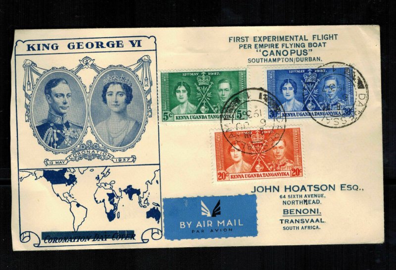 1937 Dar es Salaam Tanganyika KUT FFC First Flight Cover South Africa Coronation