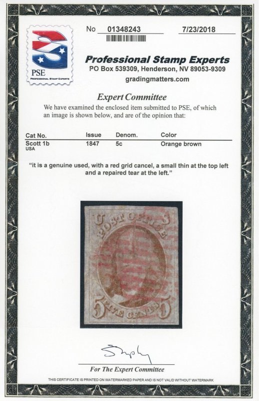 US Stamp #1B Franklin 5c, PSE Cert - USED - CV $675.00