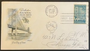 MACKINAC BRIDGE #1109 JUN 25 1958 MACKINAC BRIDGE MI FIRST DAY COVER (FDC) BX5