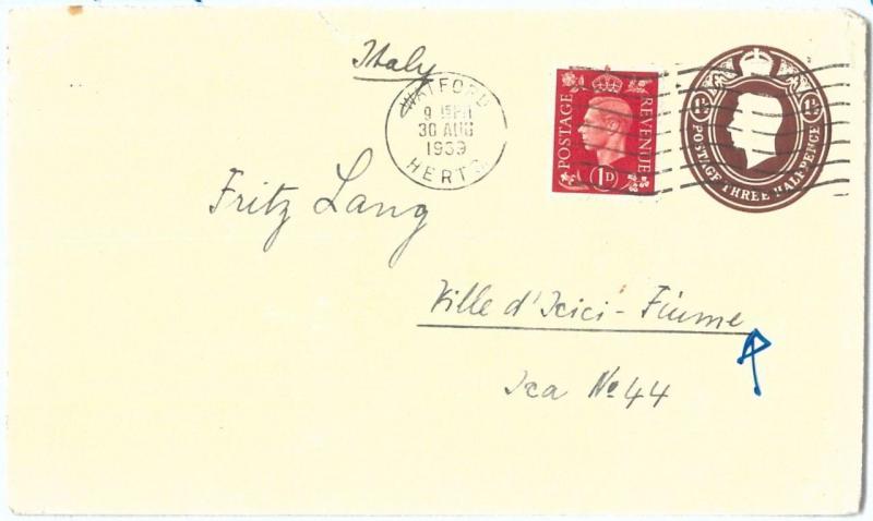 72442 - GREAT BRITAIN - POSTAL STATIONERY COVER to FIUME 1939  added stamp