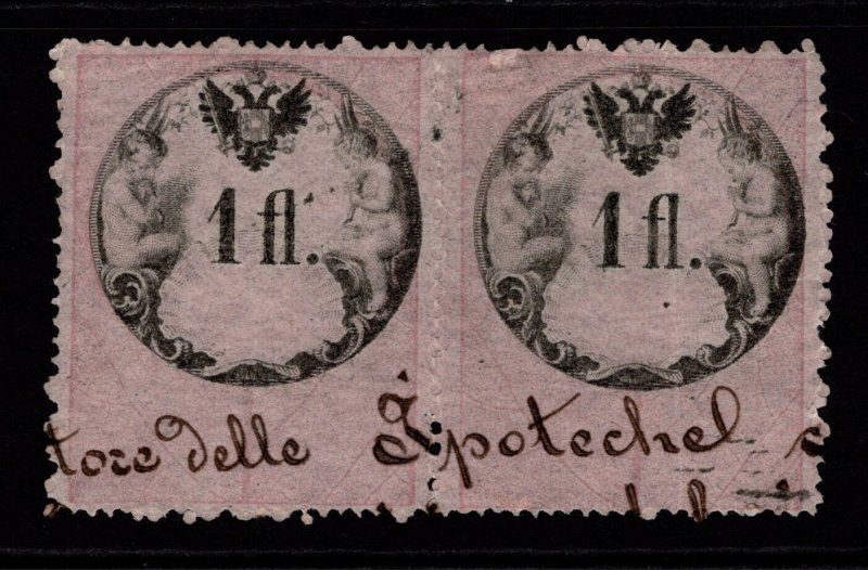 Lombardy Venetia 1 FL Pair Rose Used Perf 15 x 13.5 (Creasing) - S36222