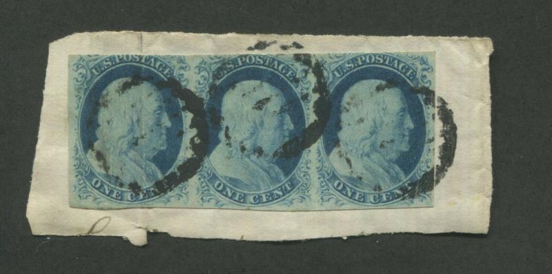 1851 United States Postage Stamp #7 Used Strip of 3 Grid Postal Cancel