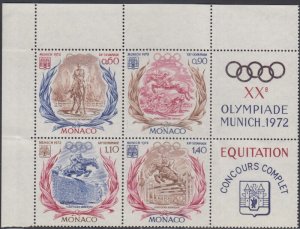 MONACO Sc # 839a MNH BLOCK of 4 + 2 LABELS  20th SUMMER OLYMPICS in MUNICH 1972