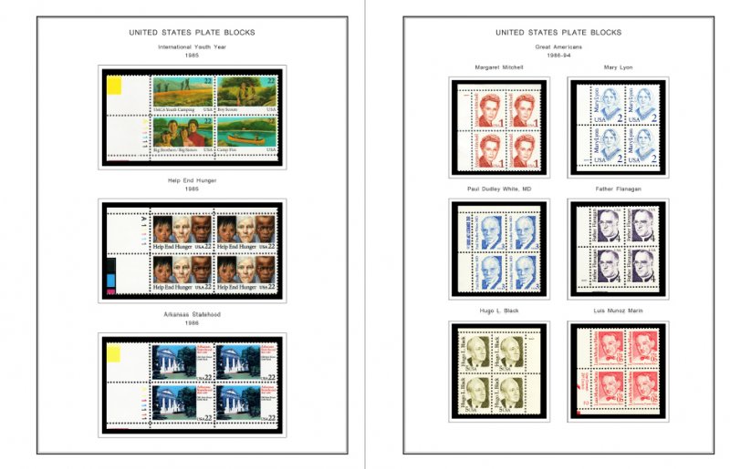 COLOR PRINTED US PLATE BLOCKS 1980-1989 STAMP ALBUM PAGES (104 illustr. pages)