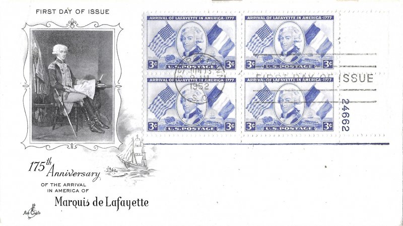 #1010, 3c Lafayette, Art Craft, plate block of 4