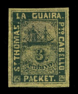 DWI 1864 Robert Tod Steamship St.Thomas La Guaira 3c blk,yellow Yv# 5Aa mint MH