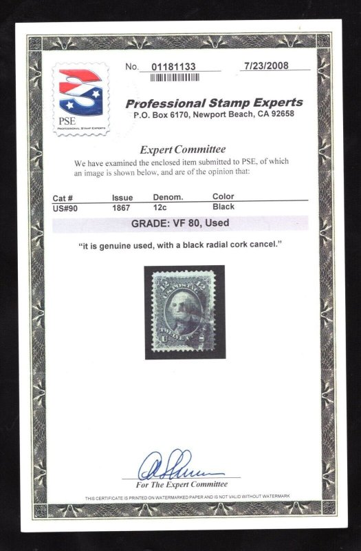 MOMEN: US STAMPS #90 USED PSE GRADED CERT VF-80 LOT #78217