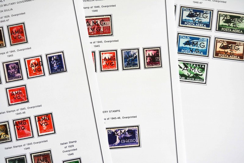 COLOR PRINTED ITALY RSI + AMG 1943-1947 STAMP ALBUM PAGES (18 illustrated pages)