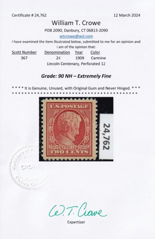 US Scott #367, Crowe Graded 90 Cert, XF, Mint, OG, Never Hinged,  SMQ $60