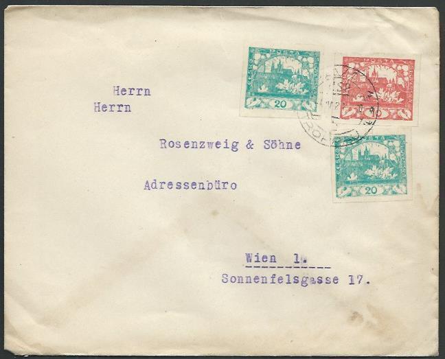 CZECHOSLOVAKIA 1921 imperfs on cover Troppau to Vienna.....................61548