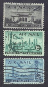 USA SCOTT # C34-36 USED 10, 15, 25c 1946-47 AIRMAIL