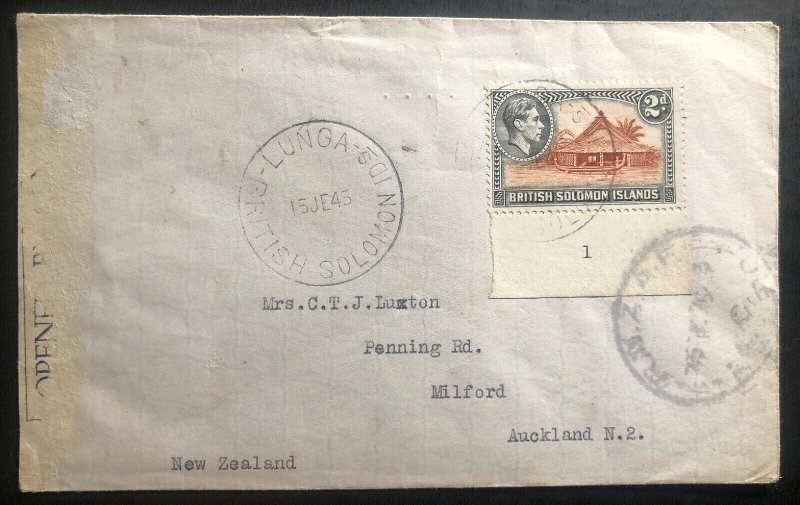 1945 Lunga British Solomon Island RNZAF Censored Cover To Auckland New Zealand 