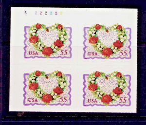 1999 Plate Block 3275 55c Victorian Love Heart Lace Roses