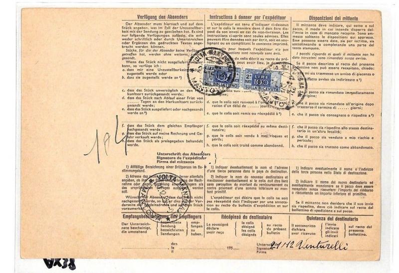 Switzerland Winterthur Parcel Receipt Italy Postage Dues Como 1959 AX38