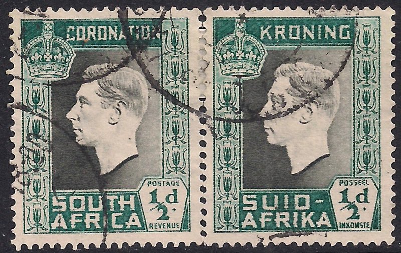 South Africa 1937 KGV1 1/2d Pair Bi Lingual Coronation used SG 71 ( J959 )