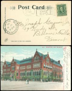 8/9/1906 BOSTON CIRCUIT R.P.O. Streetcar B-38 Cancel, BOSTON ART MUSEUM PPC -VT