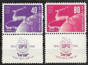 Israel # 31-32  U.P.U. Anniversary   TABBED     (2)  Mint NH