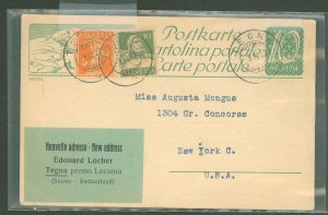 Switzerland  1923 postal card uprate to US