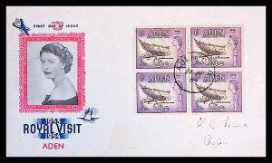 ADEN SC#62 QEII Royal Visit Block of Four (1954) First Day Cover
