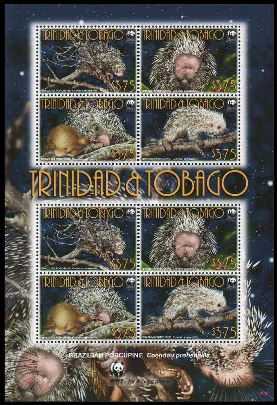 Trinidad and Tobago WWF Brazilian Porcupine Sheetlet of 2 sets MI#955-958