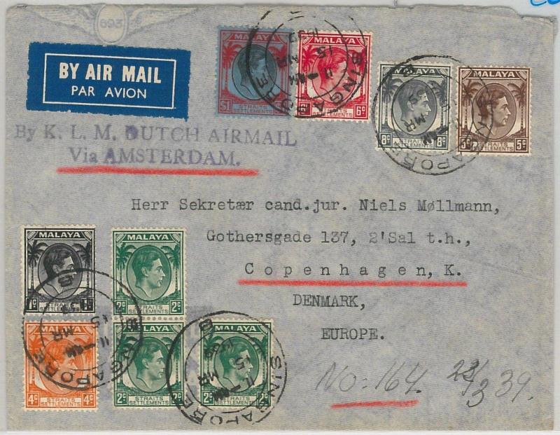 STRAITS SETTLEMENTS: MALAYA  -  POSTAL HISTORY - COVER to DENMARK with KLM 1939