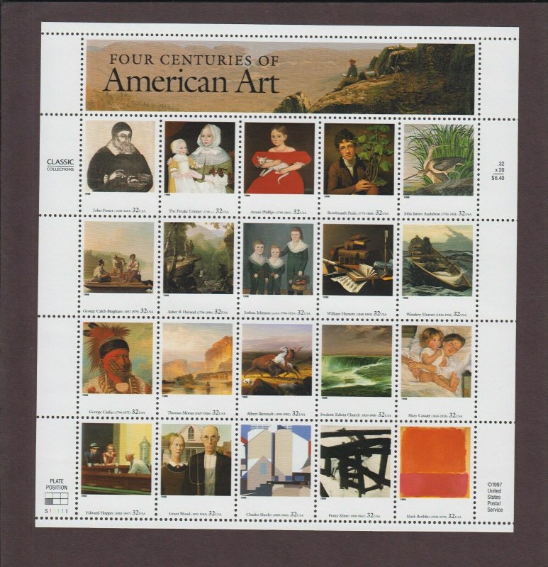 US,3236,AMERICAN ART,1998 FULL SHEET,1990'S COLLECTION,MINT NH OG,VF