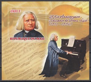 Mali, 2011 issue. Composer Franz Liszt, IMPERF s/sheet. ^