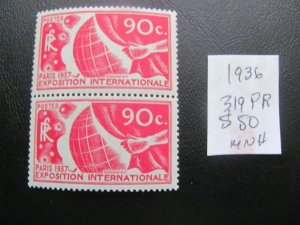 FRANCE 1936 MINT NEVER HINGED SC 319 PAIR  VF/XF  $50 (160)