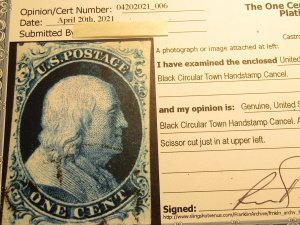 US Stamps Scott #7, Used, SCV $150.00 for: A Relief from PLATE 2, w/Certificate,