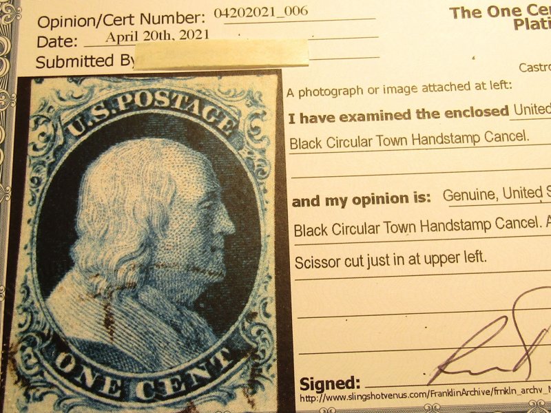 US Stamps Scott #7, Used, SCV $150.00 for: A Relief from PLATE 2, w/Certificate,