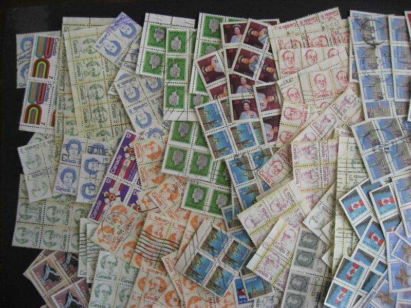 Canada 265 used blocks of 4 or more stamps, mostly 1970s - early 1990s defins 