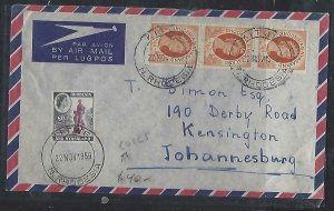 RHODESIA & NYASALAND COVER (P0212B) QEII COIL  1/2DX3+2 1/2D KITWE TO JO'BURG 