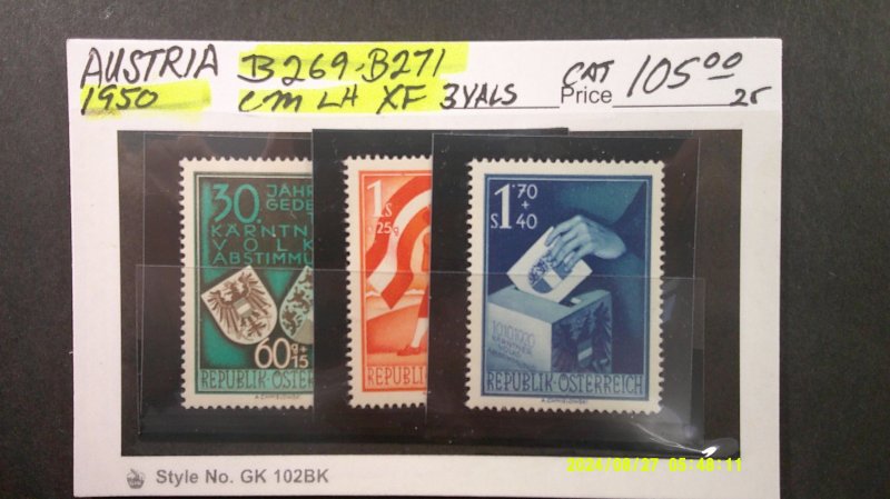Austria 1950 Semi-Postal Scott# B269-B271 Complete XF Mint Light Hinge