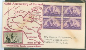 US 898 1940 3c 400th Anniversary of the Coronado Expedition (block of four) on an addressed (typed) FDC with a Crosby cachet