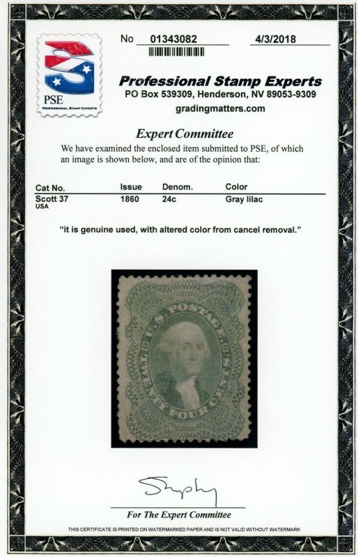 US Stamp #37 Washington 24c - PSE CERT - USED - CV $400.00