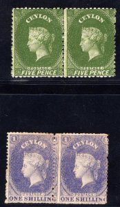 MOMEN: CEYLON SG #66b, 71b 1867-70 PAIRS CROWN CC MINT OG H £600 LOT #67407*