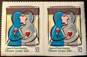 US # 3227 Organ & Tissue Donation pair 32c 1998 Mint NH