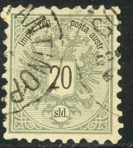 AUSTRIA OFFICES IN TURKEY 1883 20s ARMS P. 9.5 Sc 12a VFU Odd Corner Perf Crease