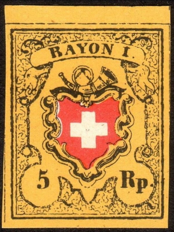 1850, Switzerland 5c, MNG, Wrong color, Sc 5, Reprint