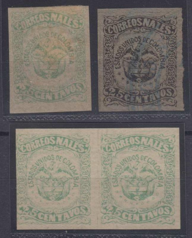 COLOMBIA 1879 Sc 89 REPRINTS TWO SINGLES & A PAIR ON LAID PAPER MINT & USED 