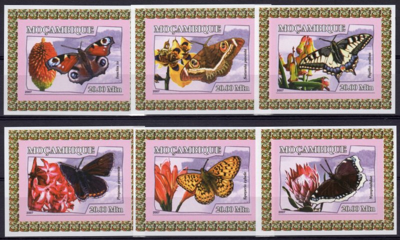 Mozambique 2007 Butterflies and Flowers 6 Souvenir Sheets Imperforated MNH